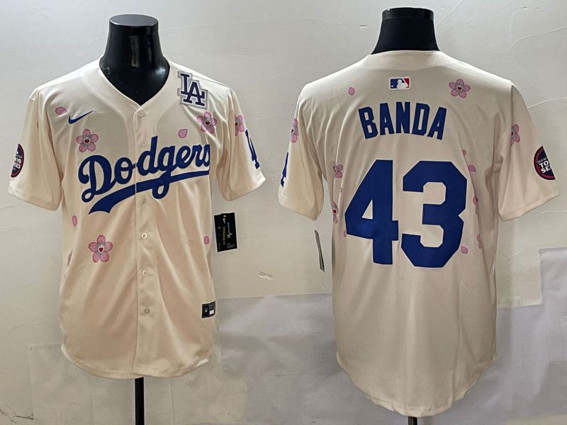 Men Los Angeles Dodgers #43 Banda Cream White Blue Sakura Edition 2025 Nike MLB Jersey style 5